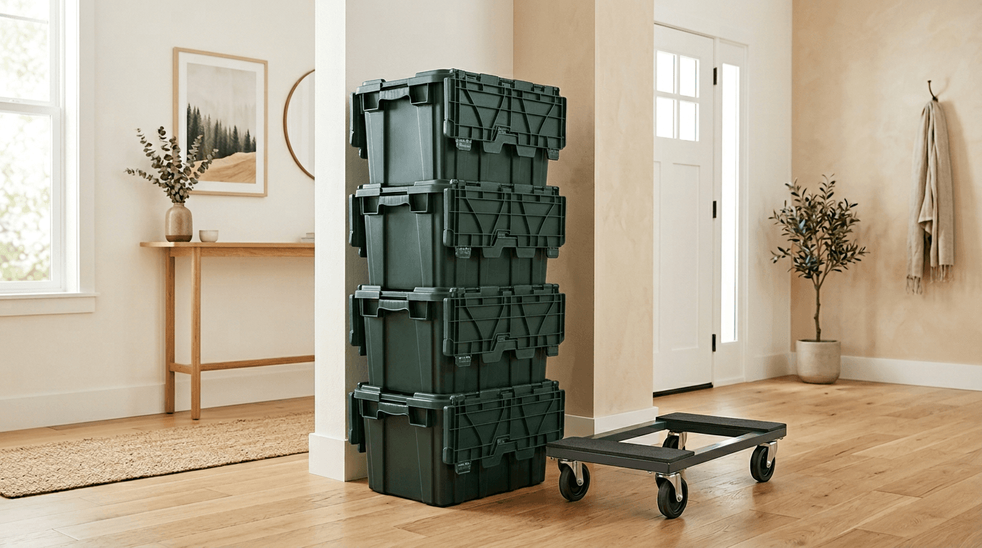 Stacked reusable moving totes with a dolly in a bright home entryway.