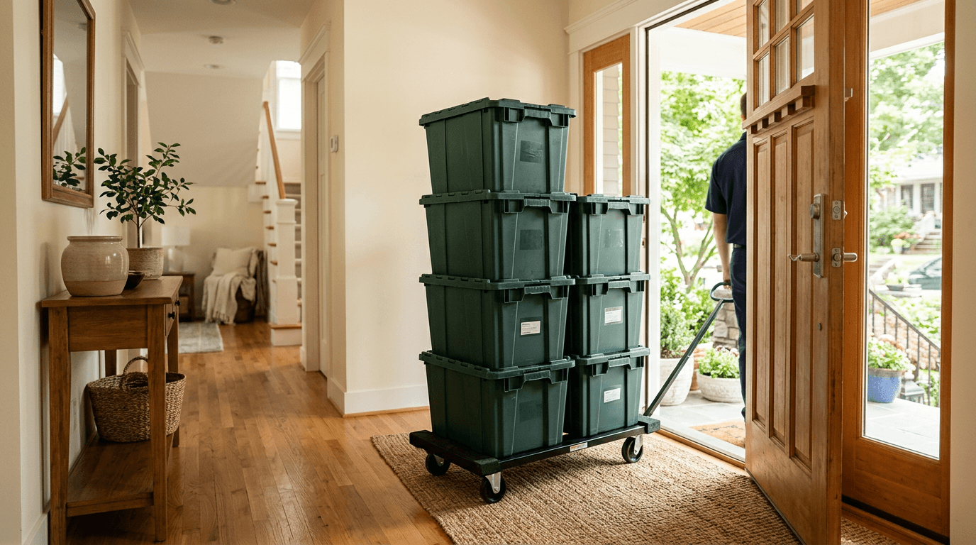 Reusable moving totes delivered neatly inside a front door before move day.