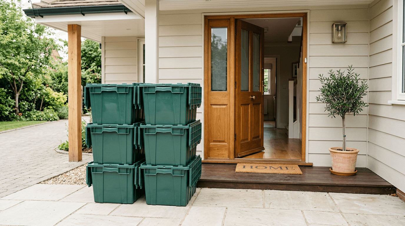 Empty reusable moving totes stacked neatly outside and ready for pickup.