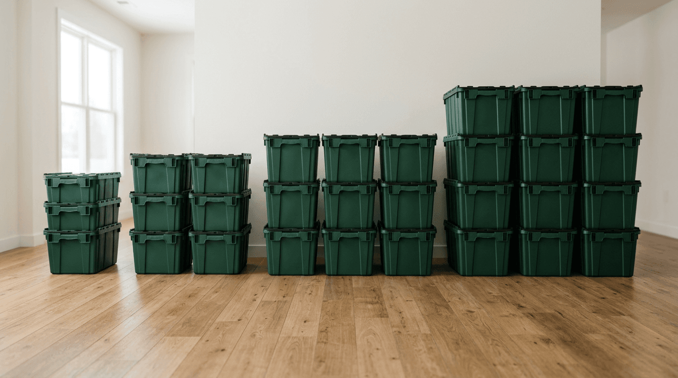 Four reusable moving tote groupings scaled from the smallest package to the largest package.