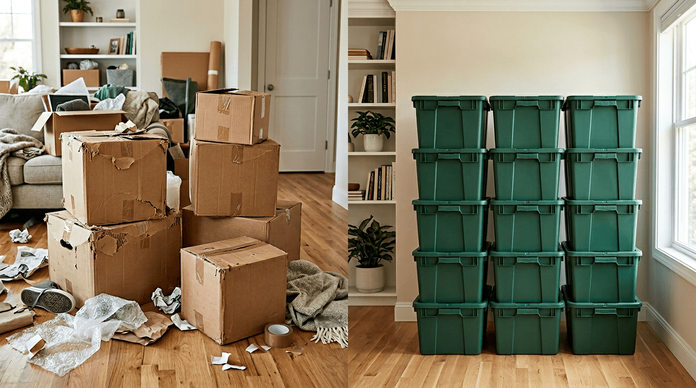 A side-by-side moving comparison showing messy cardboard boxes versus neatly stacked reusable moving totes.